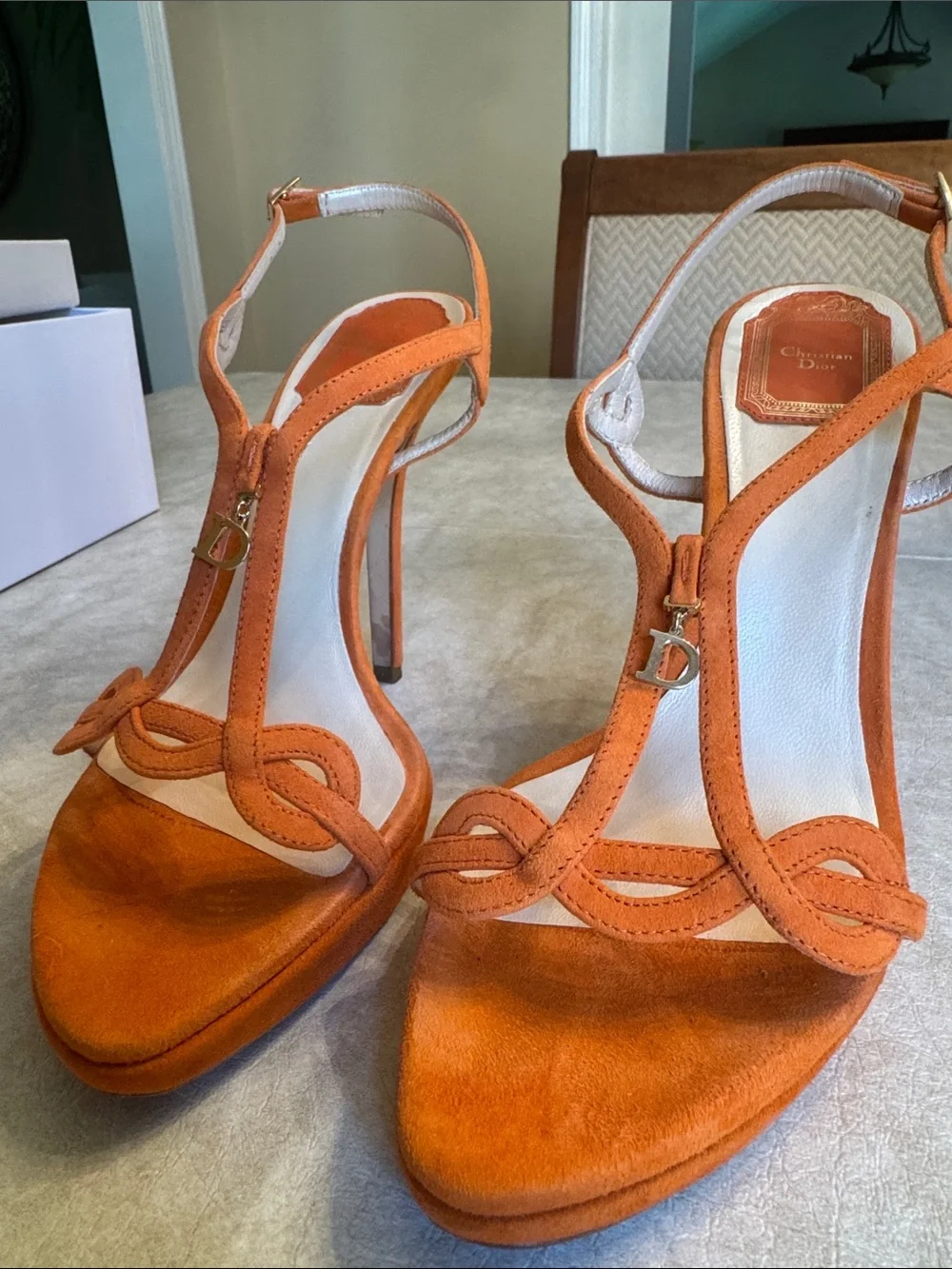 Dior Orange Suede T-Strap Slingback Heels